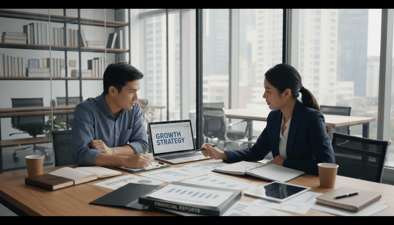 Professional advisor discussing financial strategy with business owner in modern office