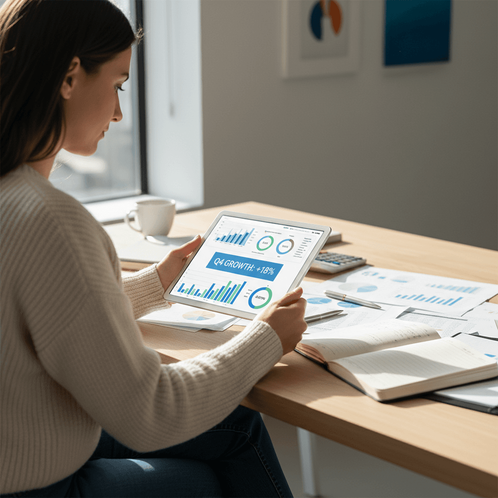 Business owner reviewing financial report on tablet